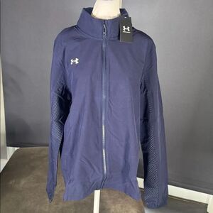 Women’s Under Armour Blue Hooded Warm Up Jacket Loose Fit Full Zip Size L NWT